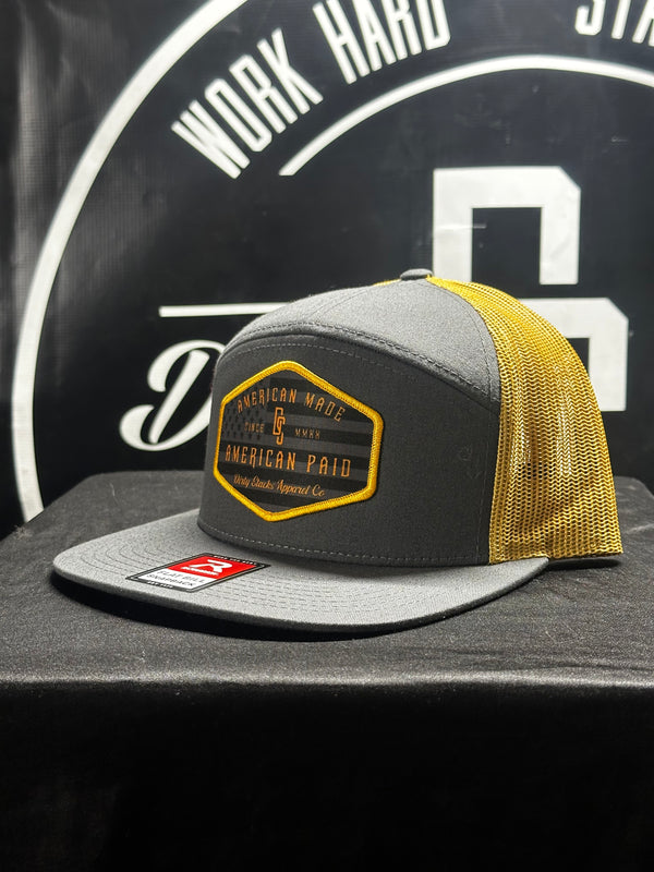 American Made American Paid charcoal/gold 7 panel trucker hat