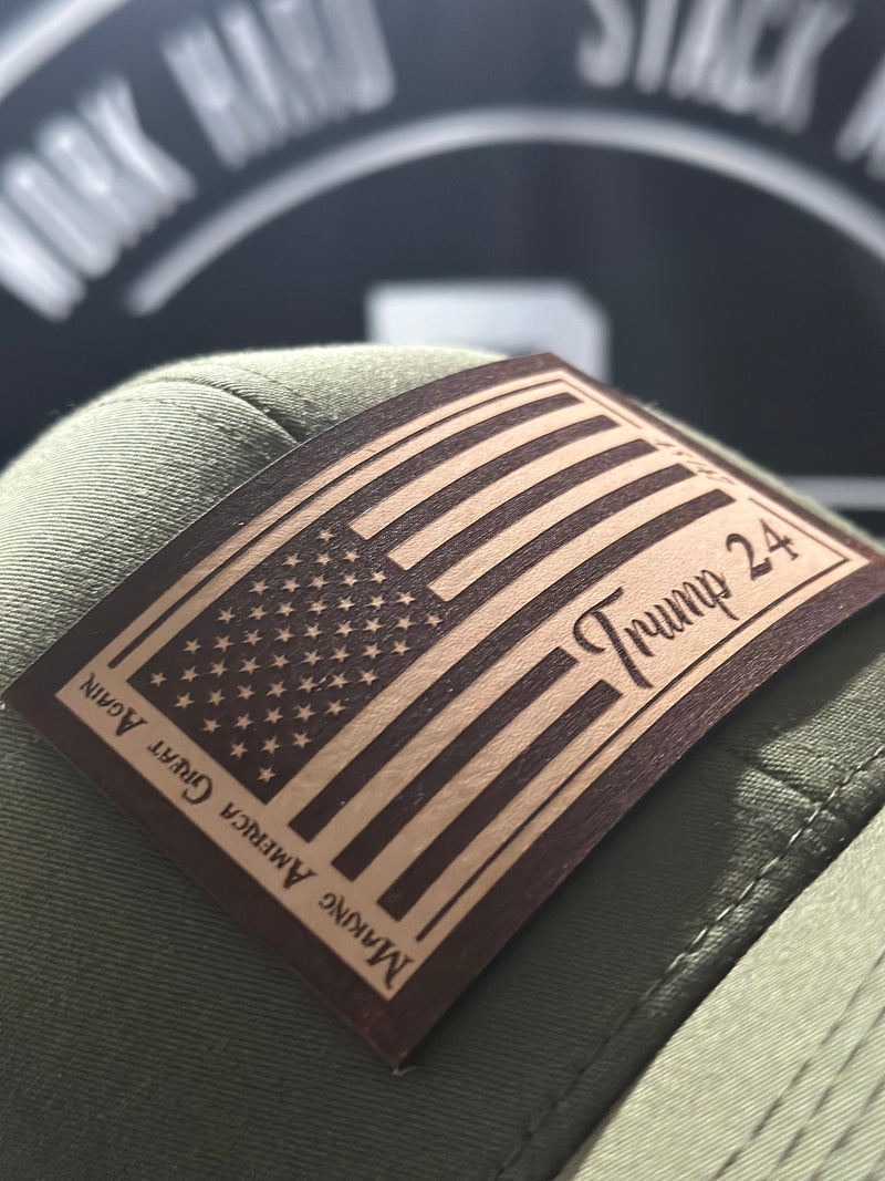 Trump 45/47 Leather Patch on Olive/Tan 110 SnapBack