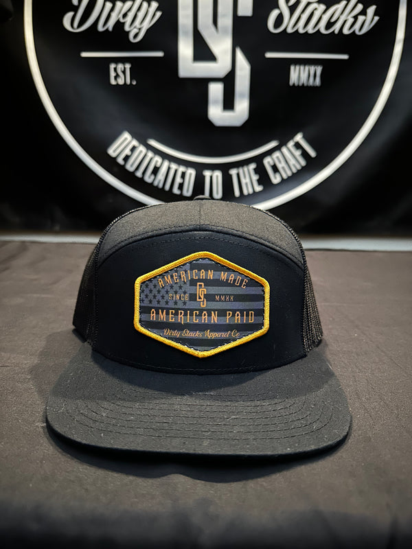 DS Black/Gold American Made American Paid Freedom 7 Panel Trucker Hat