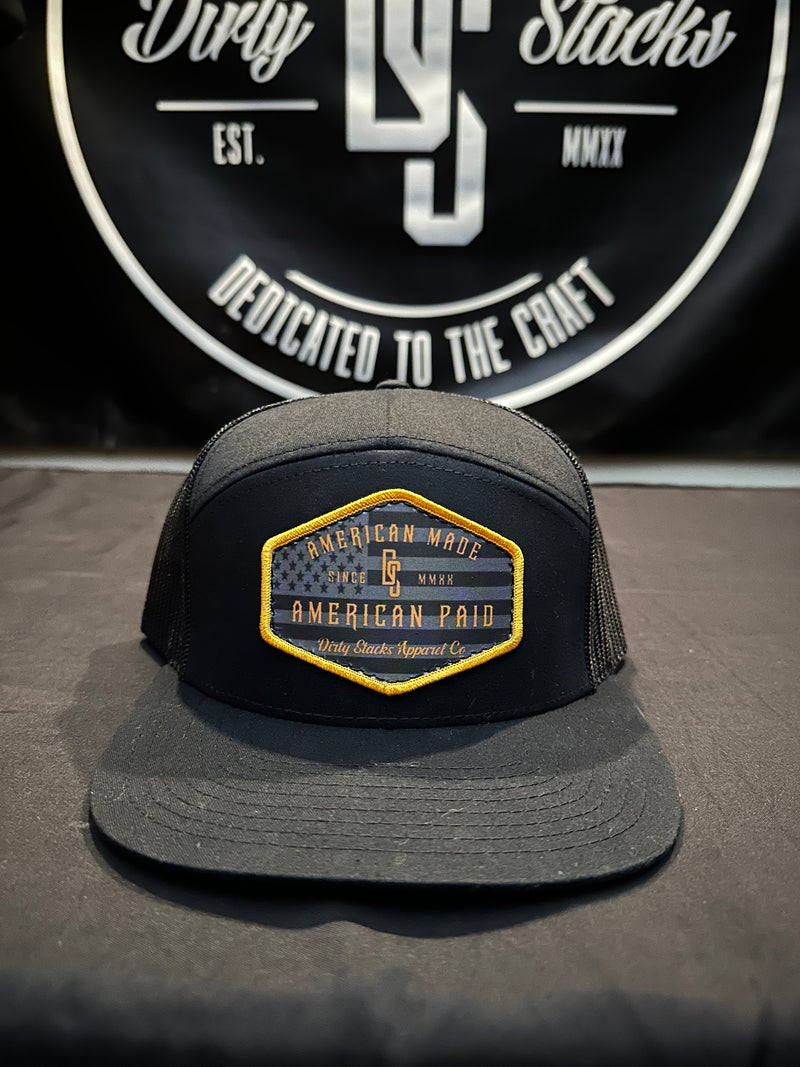DS Black/Gold American Made American Paid Freedom 7 Panel Trucker Hat