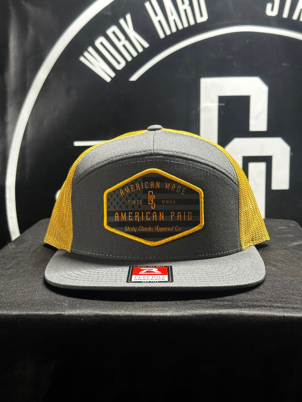 American Made American Paid charcoal/gold 7 panel trucker hat