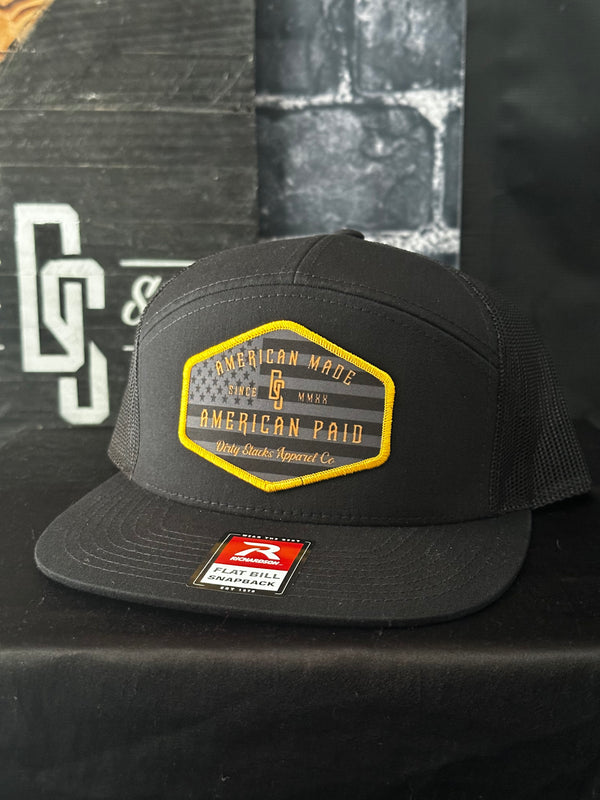 DS Black/Gold American Made American Paid Freedom 7 Panel Trucker Hat