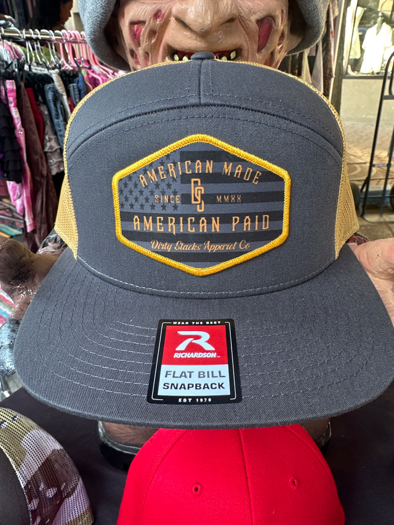 American Made American Paid charcoal/gold 7 panel trucker hat