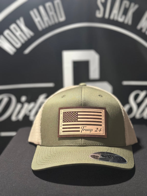 Trump 45/47 Leather Patch on Olive/Tan 110 SnapBack