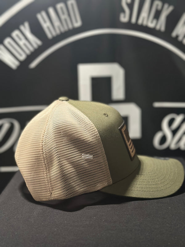 Trump 45/47 Leather Patch on Olive/Tan 110 SnapBack