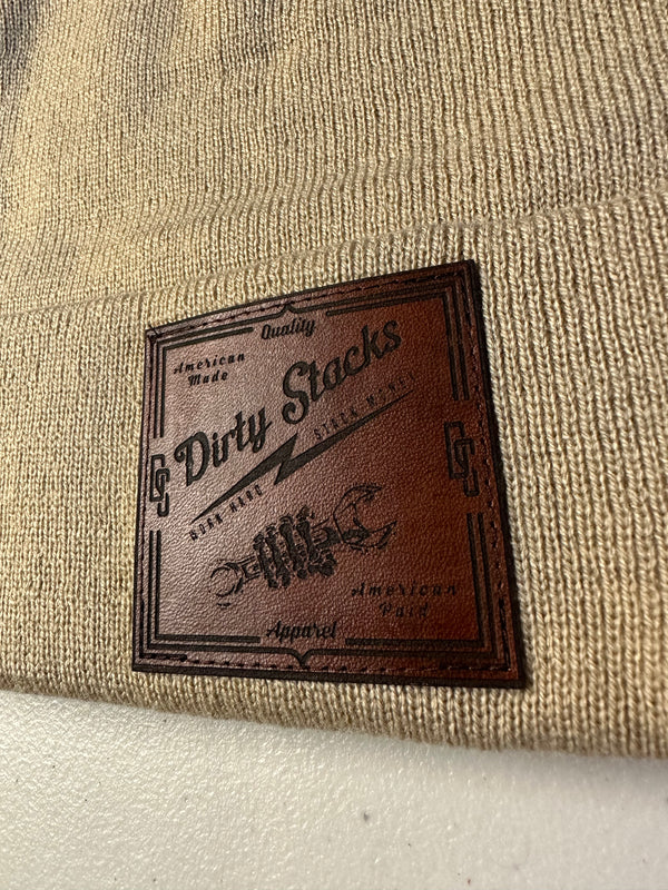 Square patch tan beanie